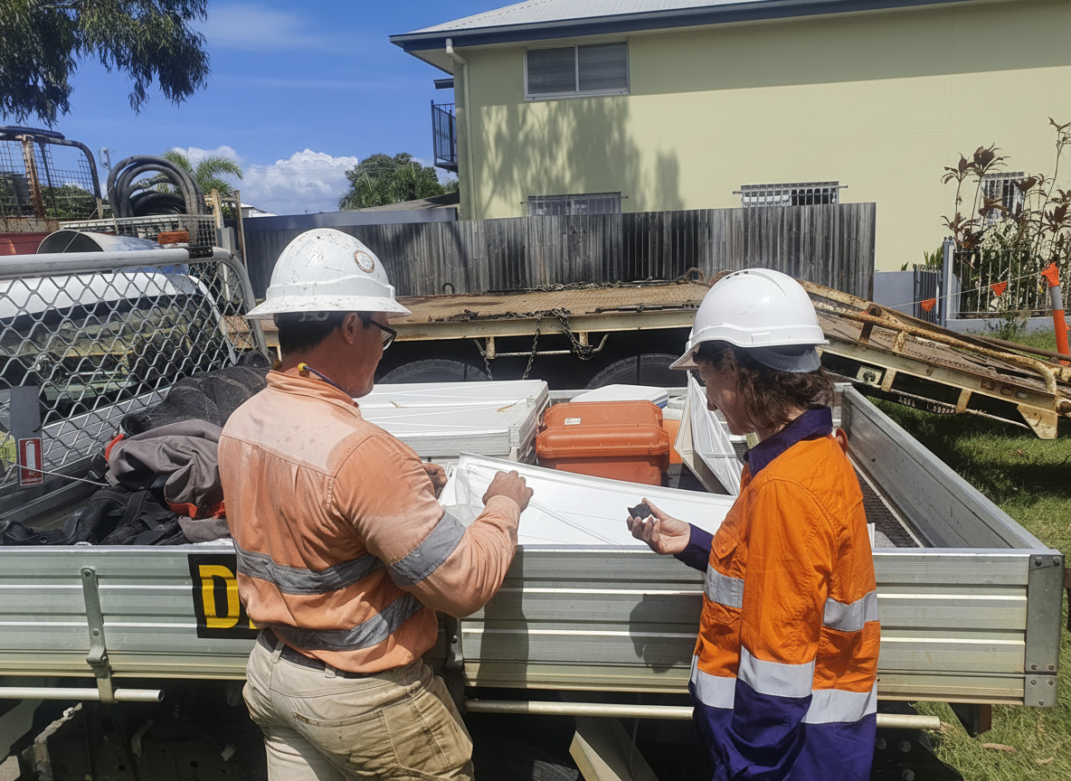 Construction workers reviewing WHS management system documentation on site